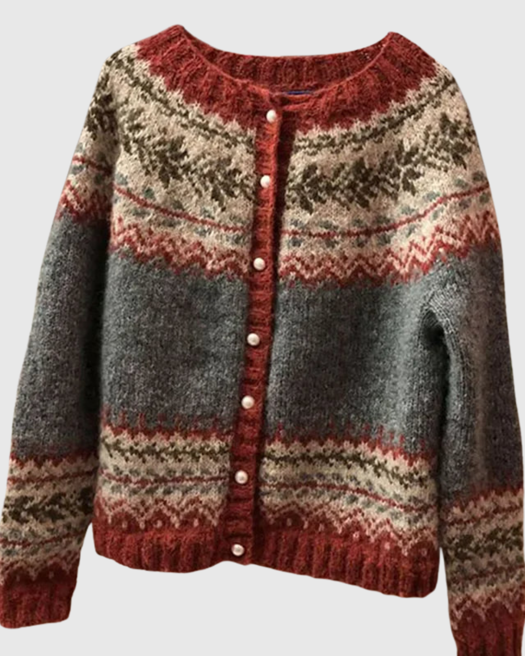 Esmé vintage Icelandic cardigan in rust, grey and cream, front view