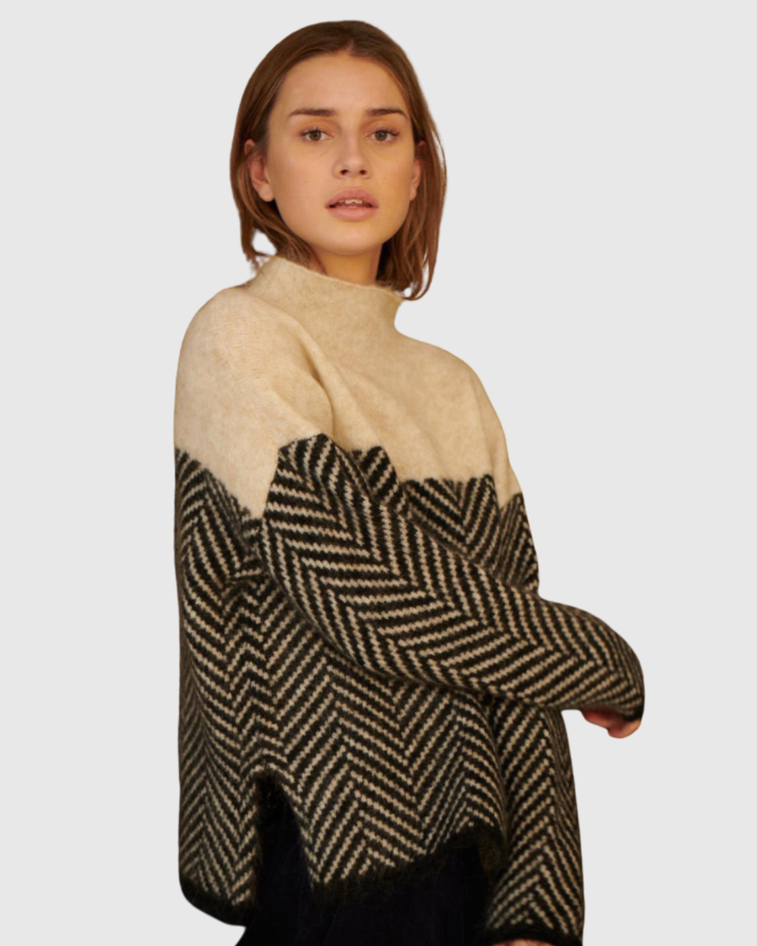 Tamsin turtleneck sweater in beige and black, side view on model