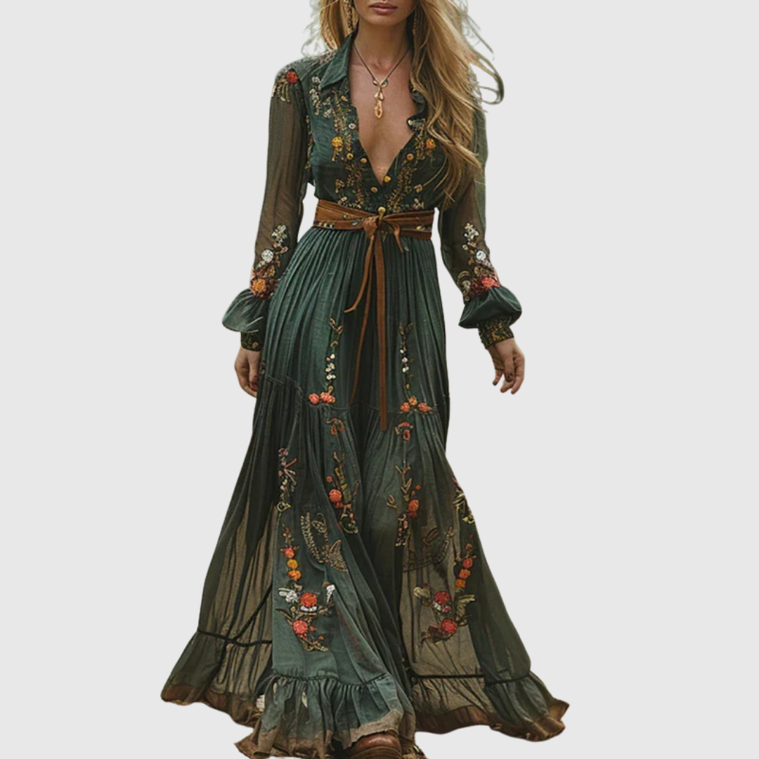 Alina Soleil boho maxi dress in green, full-length front view
