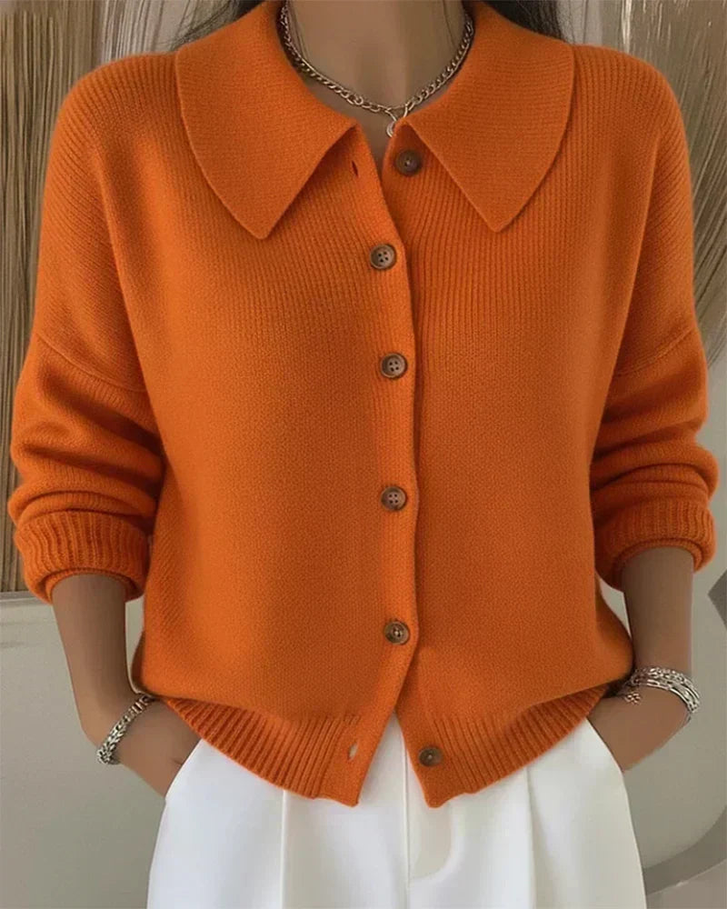 Vega collared button-up cardigan in orange, front view