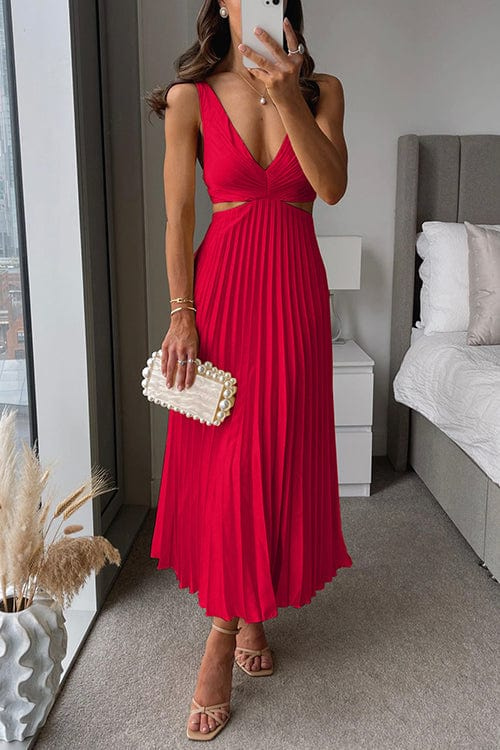 Sanne pleated satin midi dress in red, full-length front view