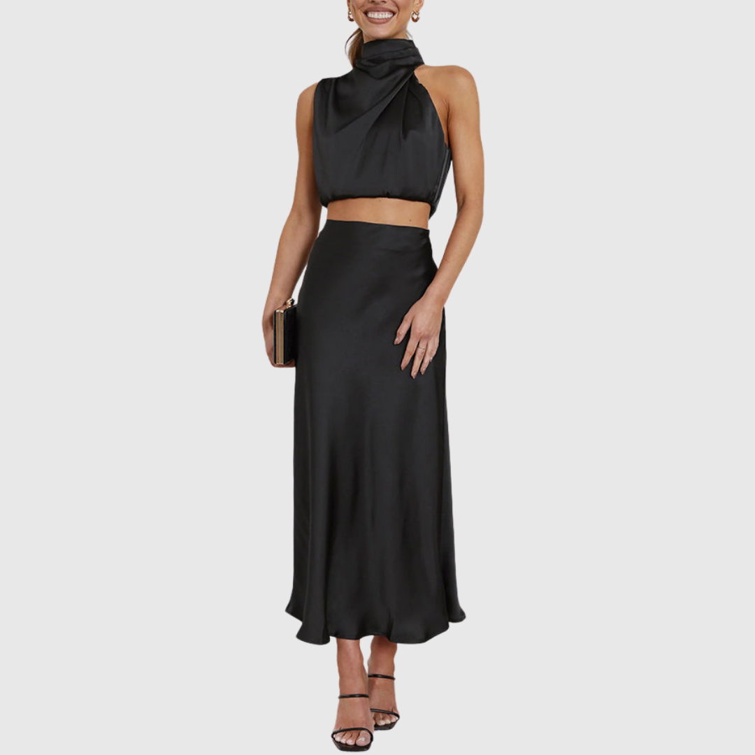 Emily drape maxi set in black satin, full-length front view