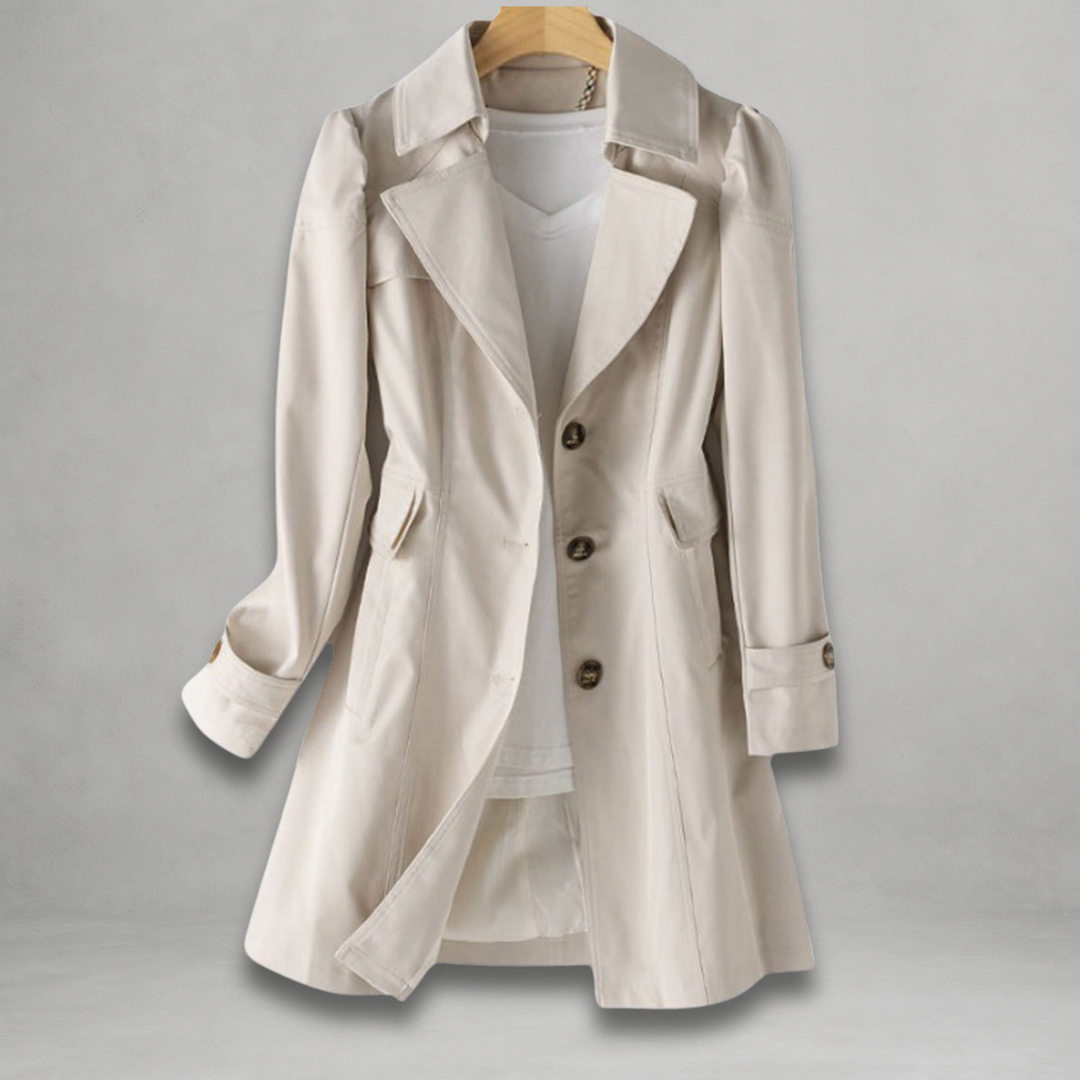 Clarisse trench coat in beige, front view with notched collar