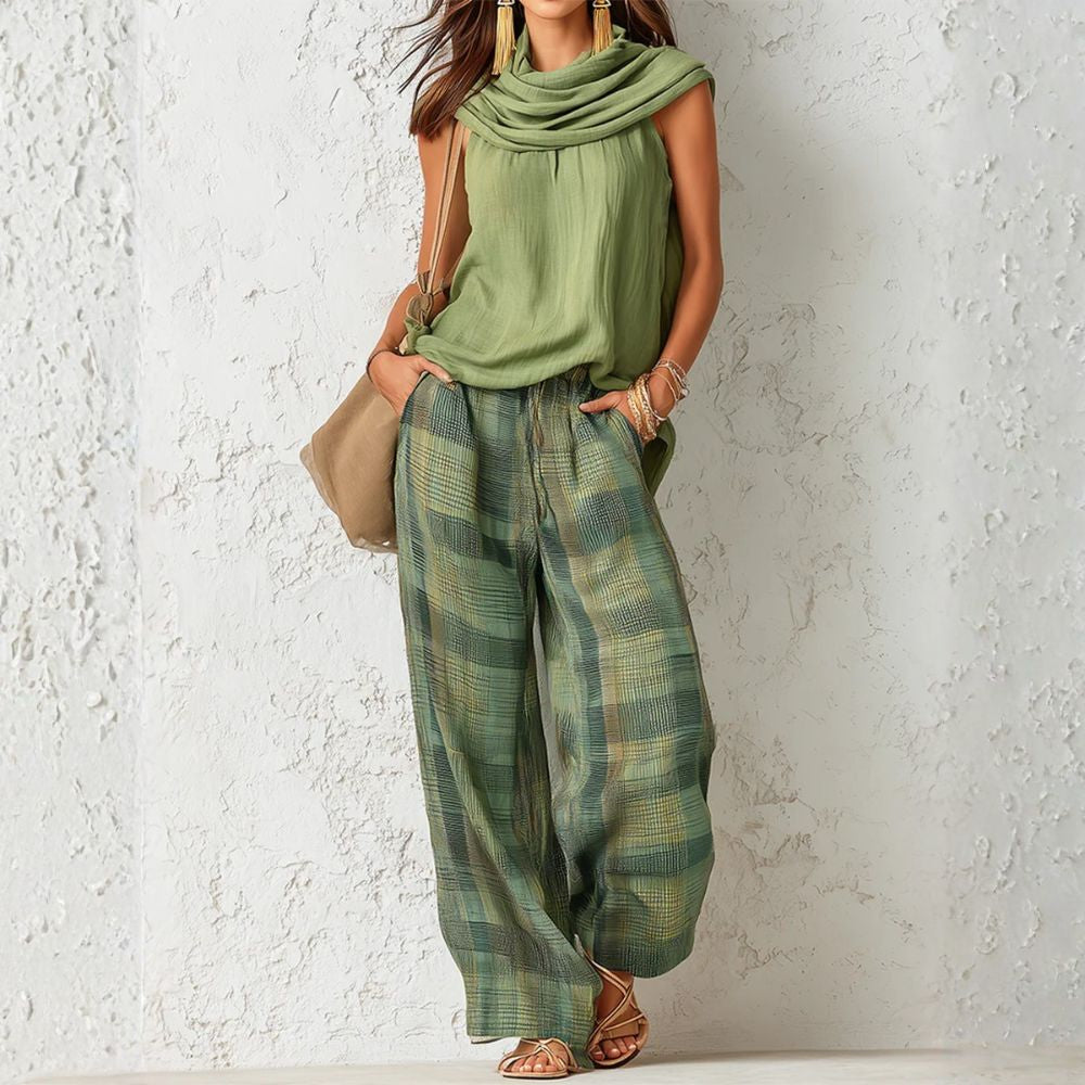 Auristela two-piece set in sage green with checked wide-leg trousers, front view
