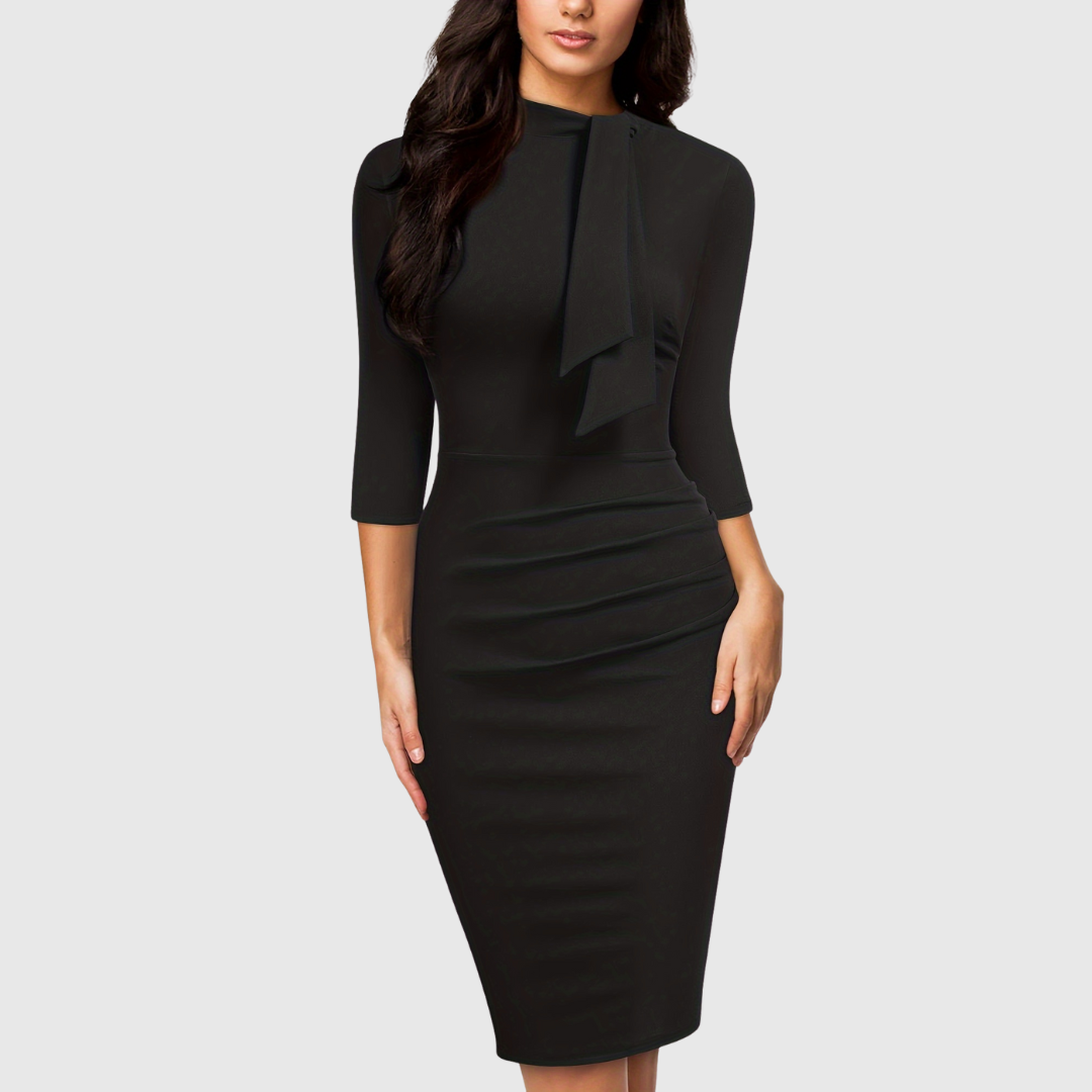 Hariethe tie-neck sheath dress in black, full-length front view