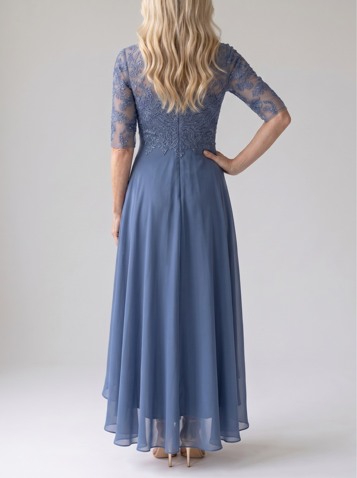 Rhonda lace dress in blue, back view with zip closure
