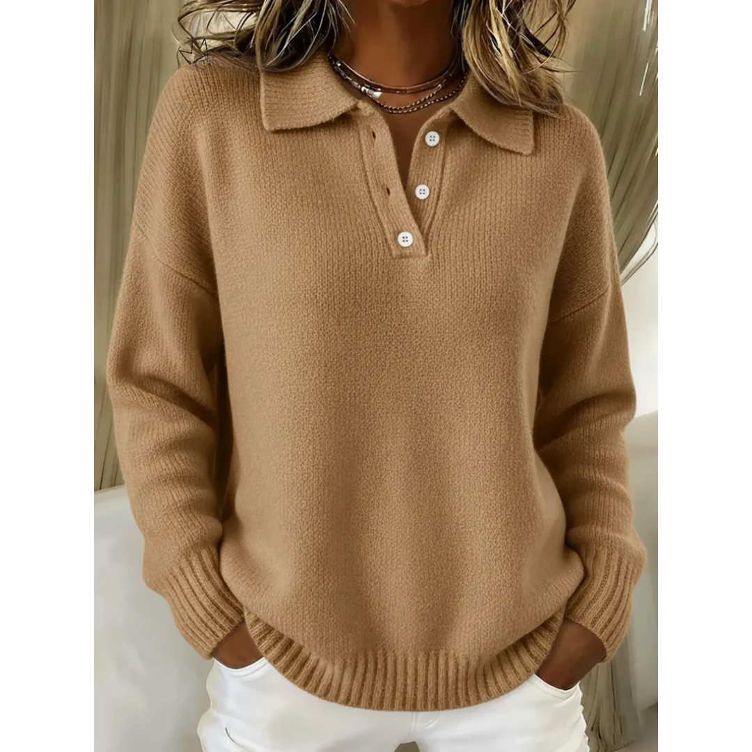 Marina soft polo jumper in camel, front view with long sleeves