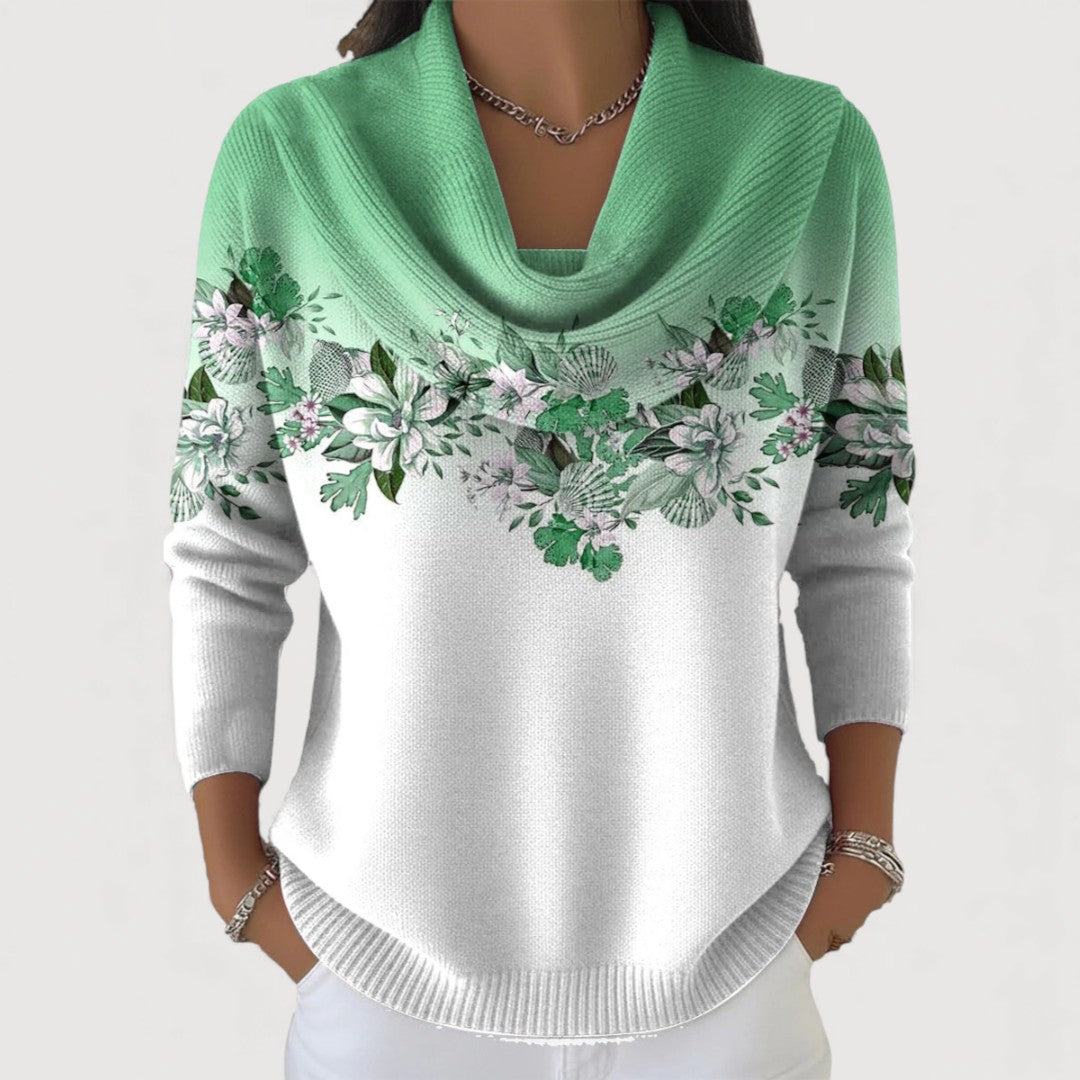 Alba floral roll-neck jumper in mint and white, front view