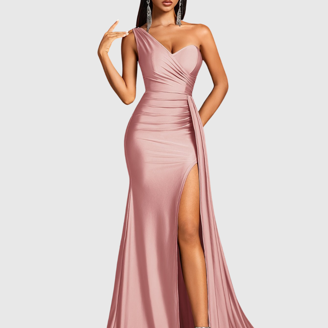 Selvyna one-shoulder mermaid gown in pink, full-length front view