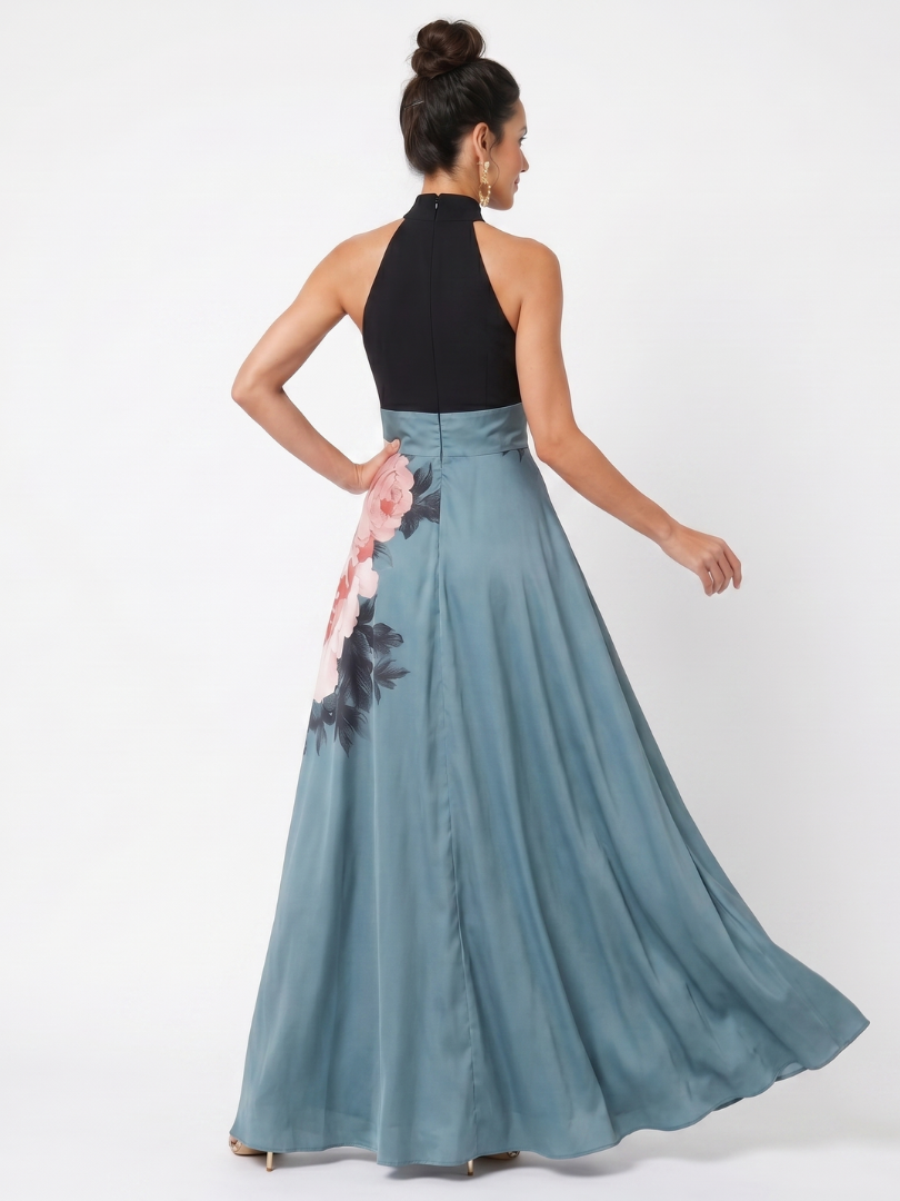 Olympas halter maxi dress in teal, back view with black bodice