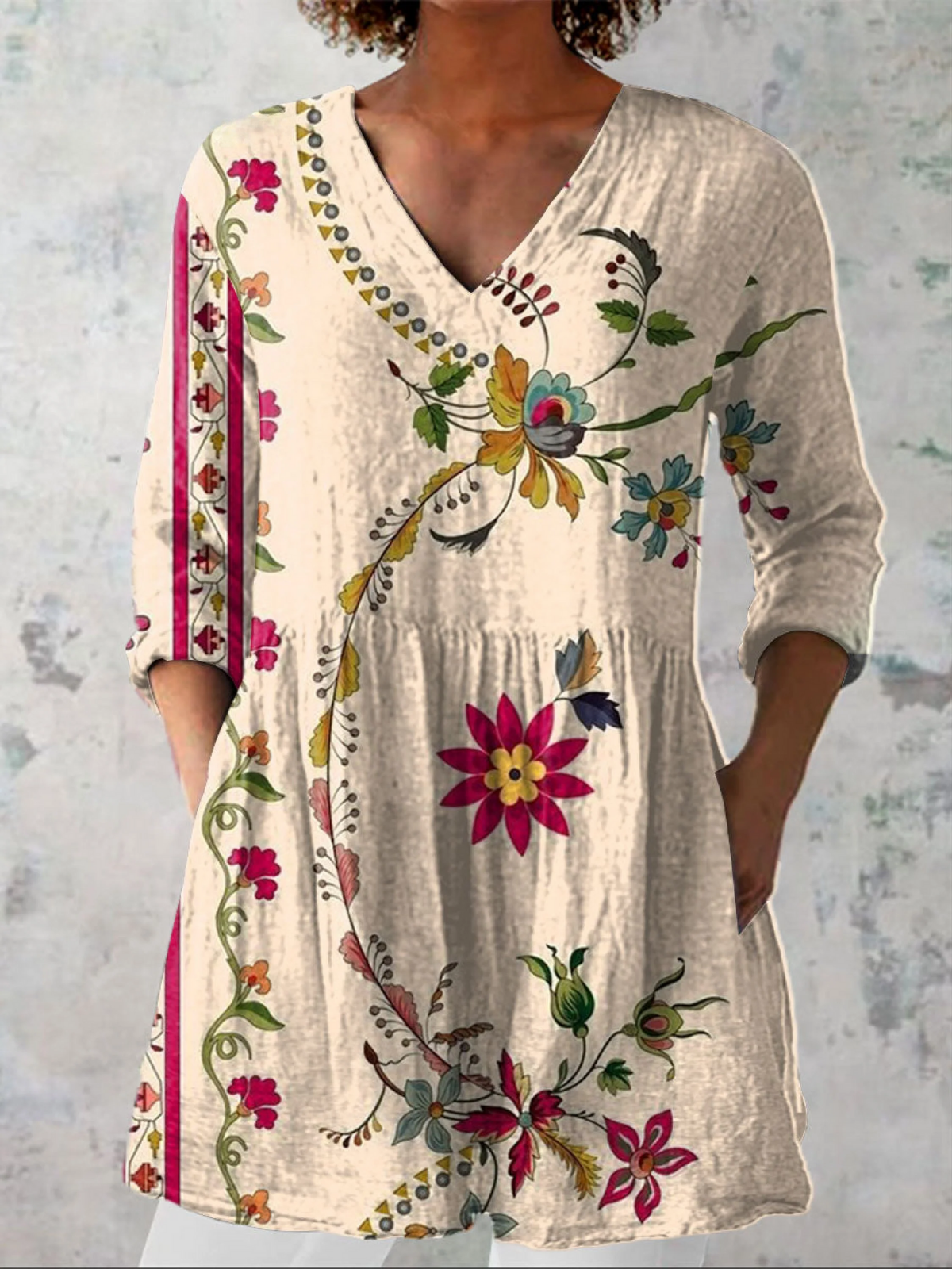 Clara long V-neck blouse in beige with painted floral print, front view
