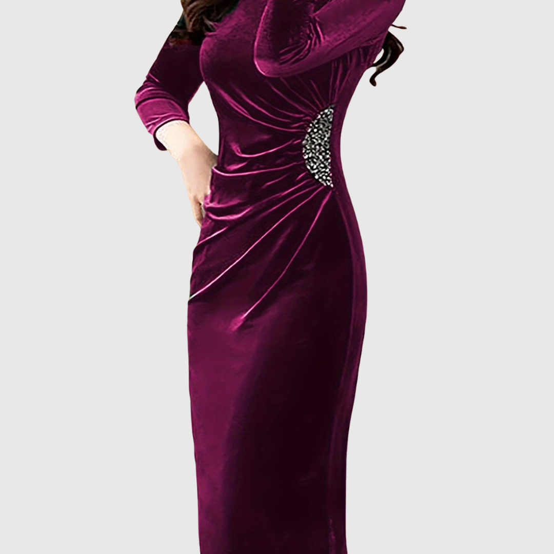 Lillo velvet dress in purple, close-up of jewelled hip and ruching