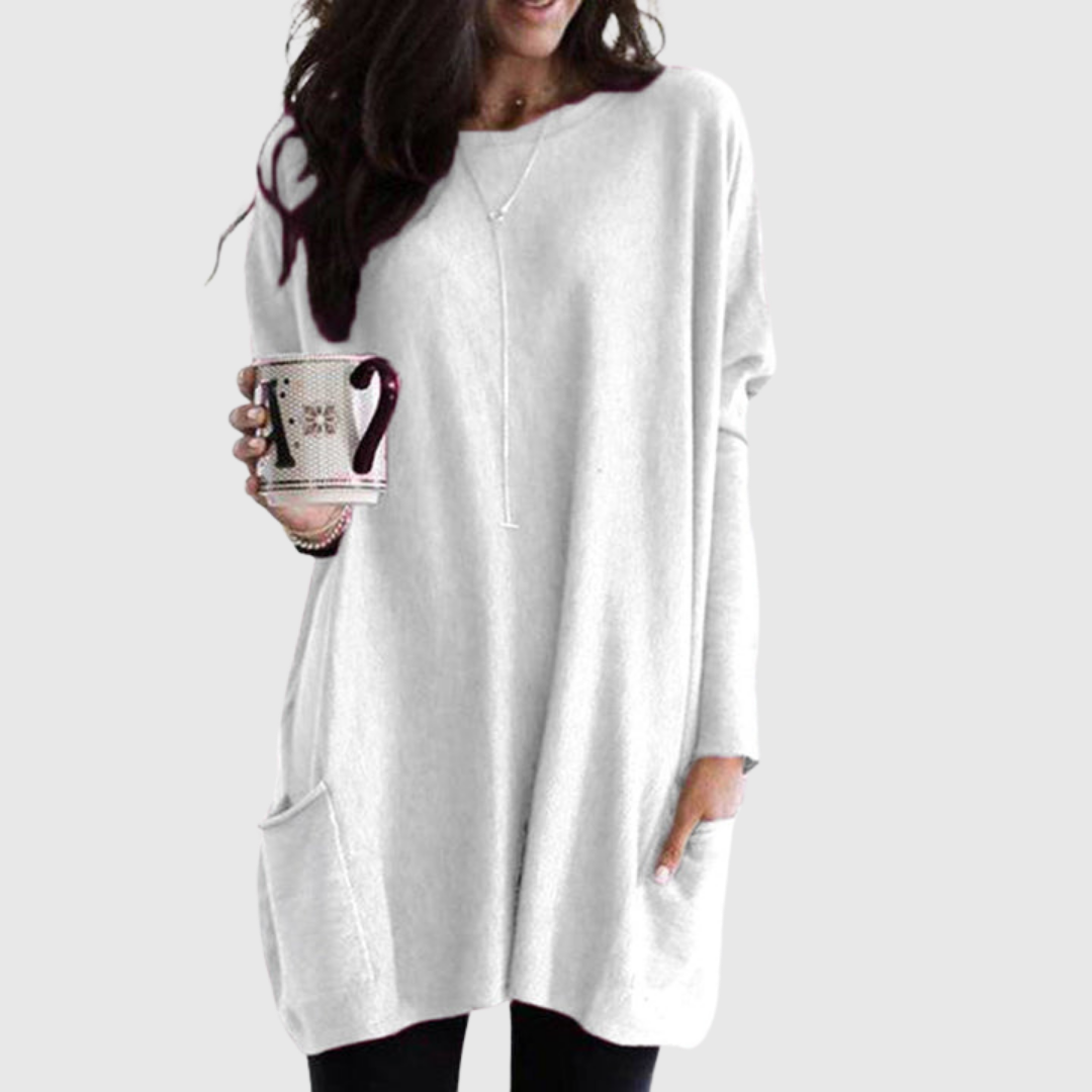 Fenora relaxed pocket tunic in white, full front view