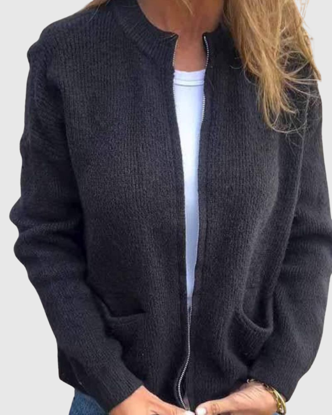 Alvera knit cardigan in black, worn open over a white top