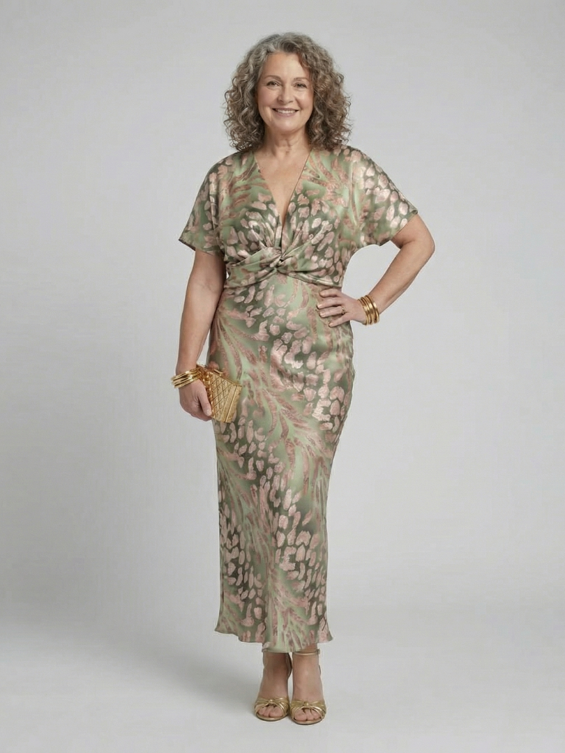 Coralie twist waist midi dress in green, full-length front view on model