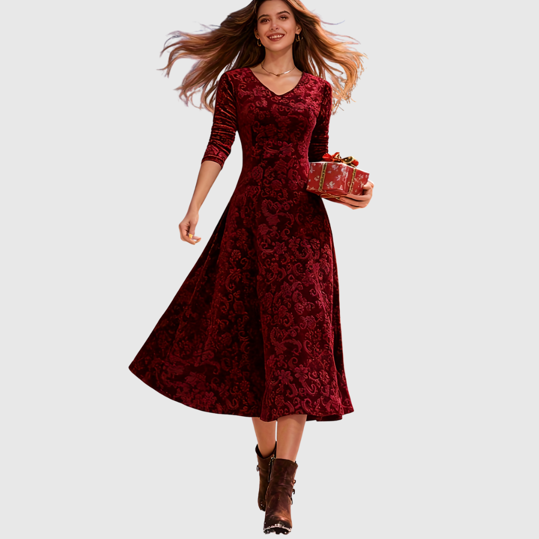 Grece velvet dress in red, walking front view