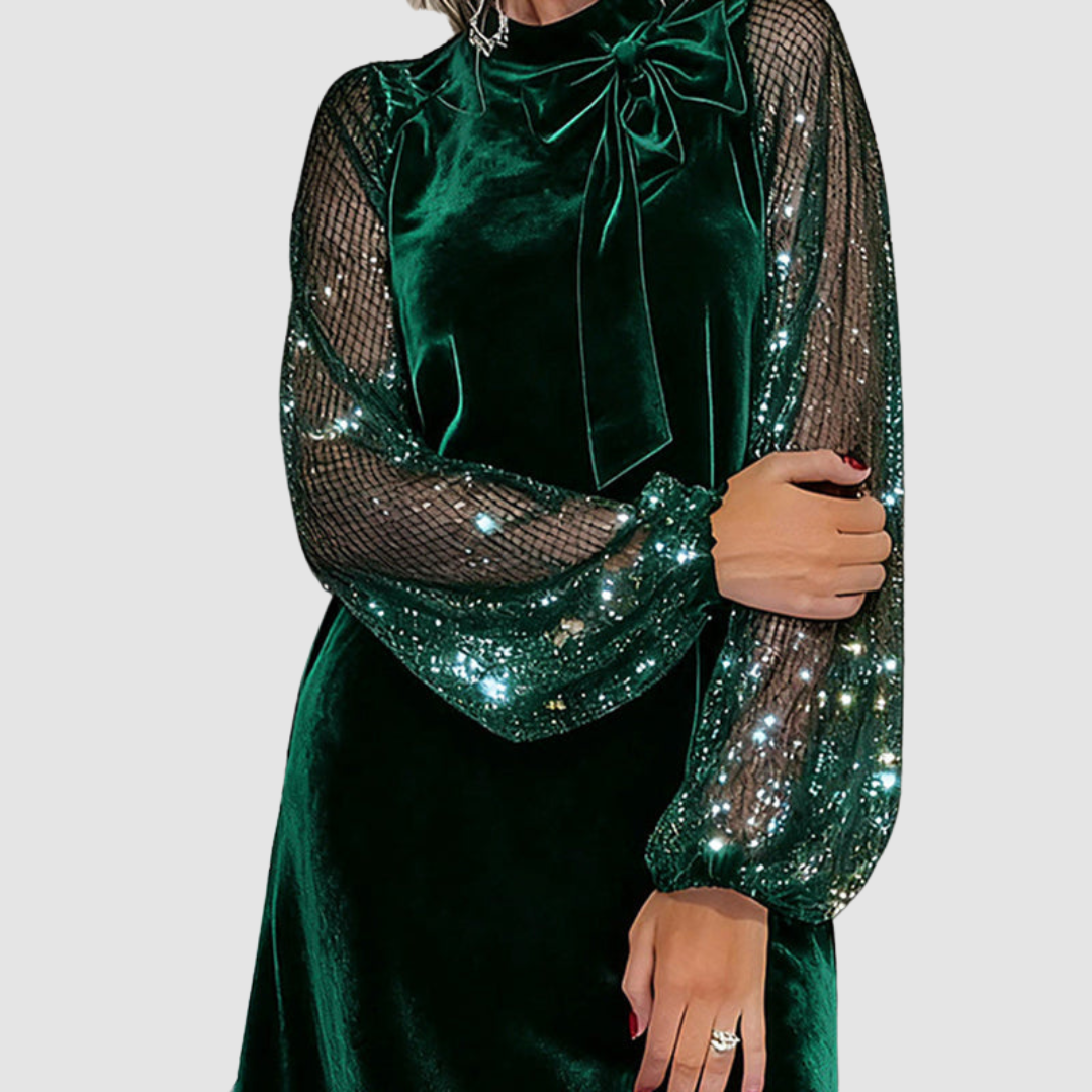 Martina suede dress in green, close-up of sparkling mesh sleeves