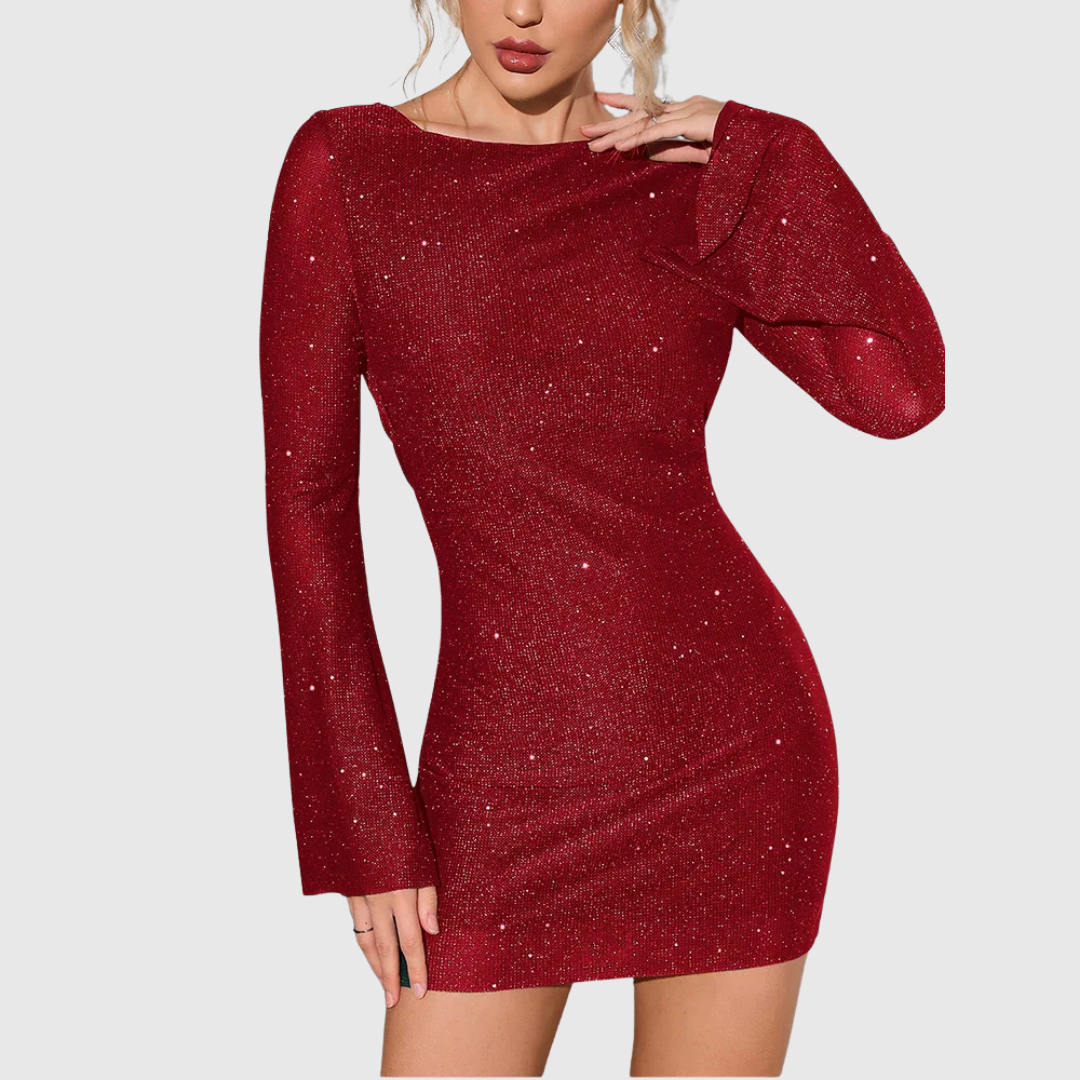 Isadora shimmering mini dress in red, front view with flared sleeves
