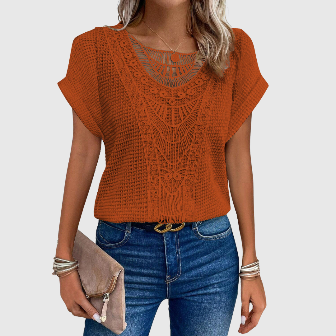 Lucinda lace short sleeve top in orange, front view