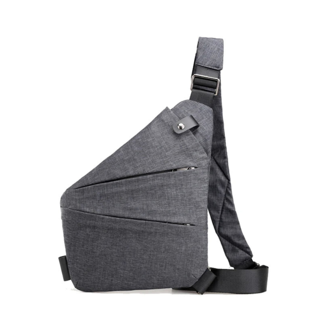 Orviane everyday crossbody bag in grey, side view with adjustable strap