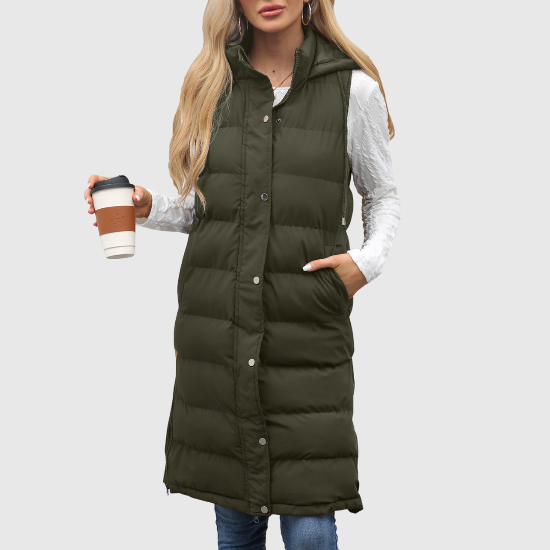 Lifia longline hooded vest in army green, front view
