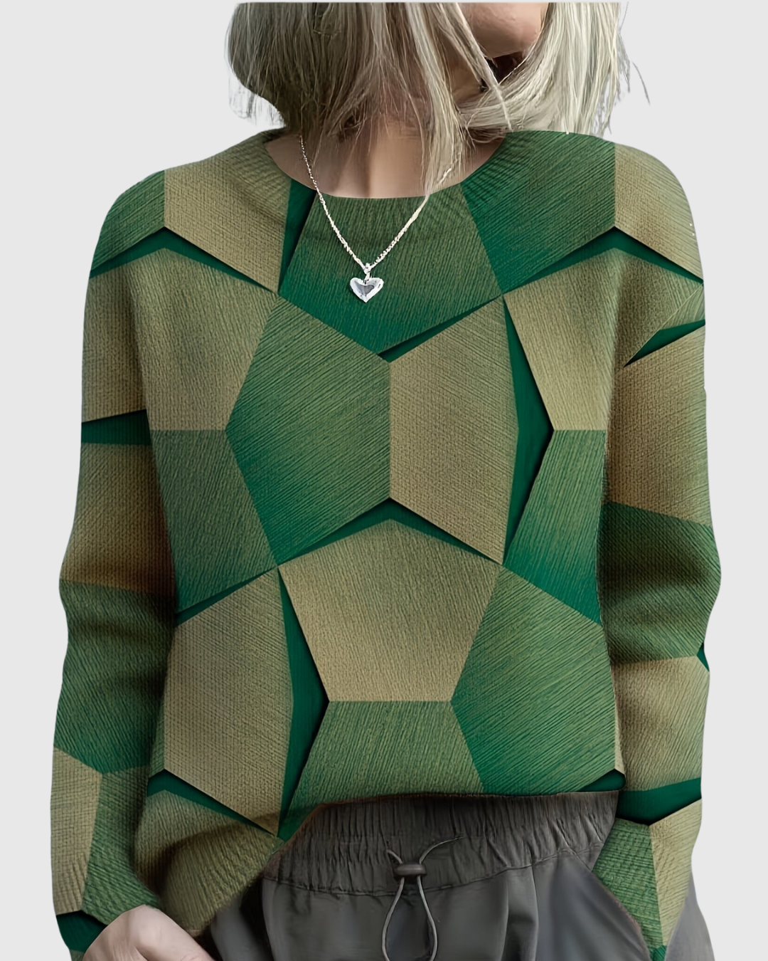 Lavinia geometric knit sweater in green, front view on model