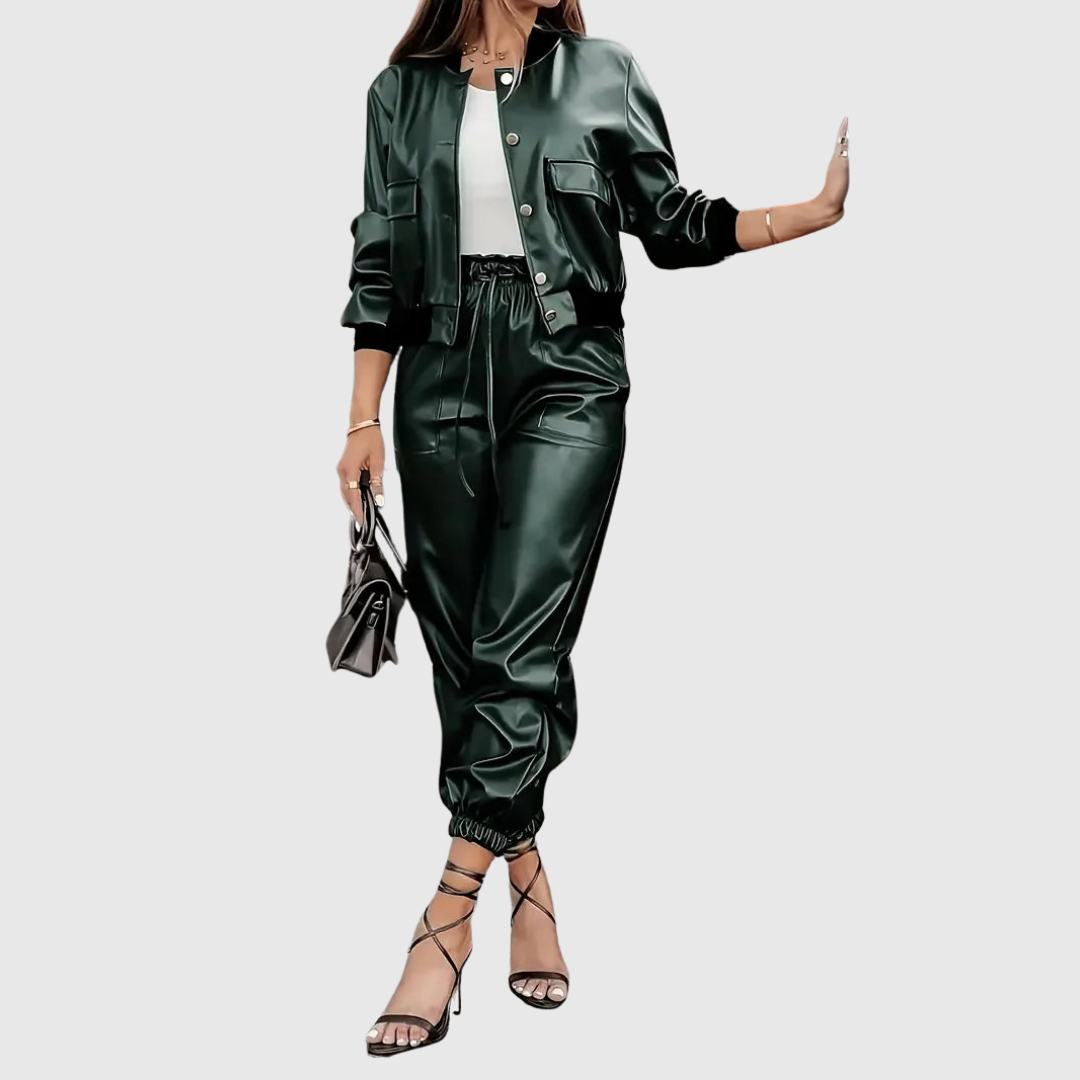 Livia luxe two-piece leather set in green, full front view