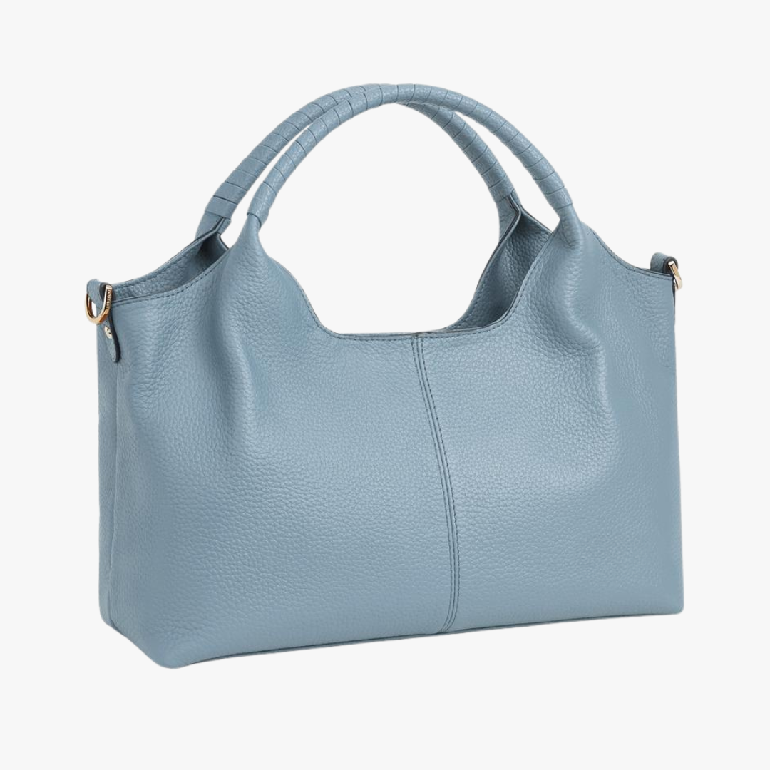 Aryna handbag in light blue, three-quarter front view