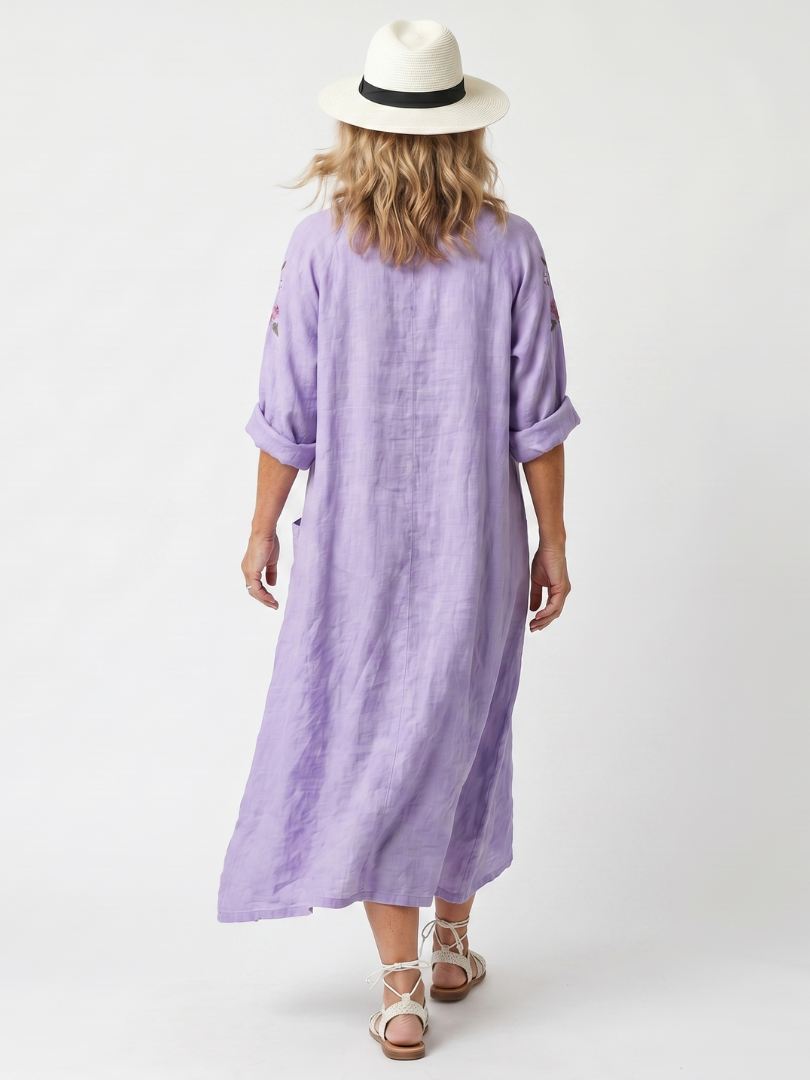 Tavi oversized midi dress in lilac, back view with rolled sleeves