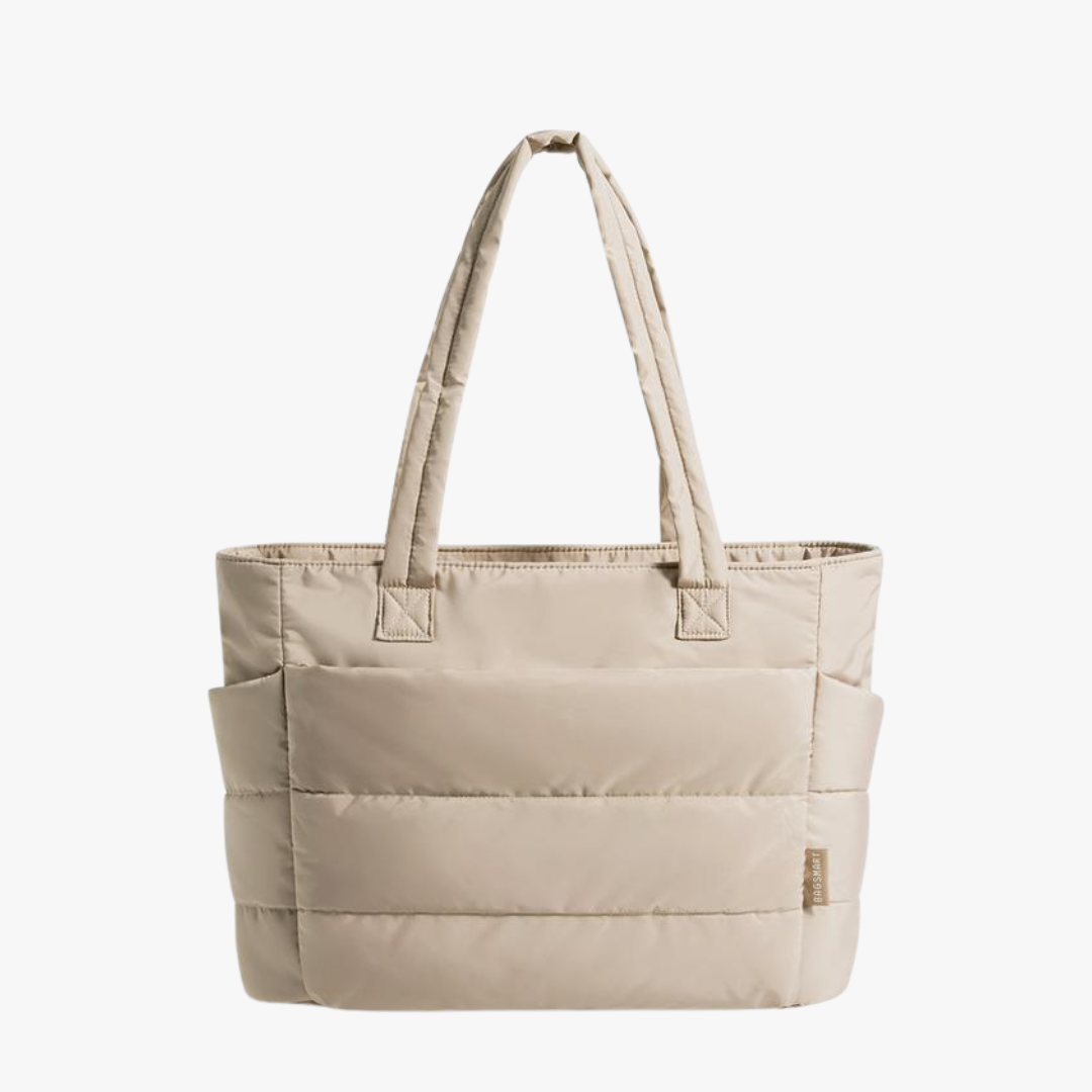 Maison Puff quilted tote bag in beige, front view