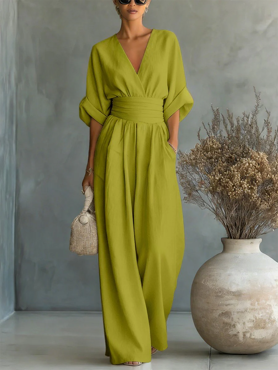 Sofia V-neck jumpsuit in lime green, full-length front view