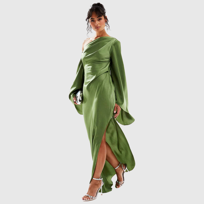 Rosaline satin maxi dress in olive green, full-length front view with front slit