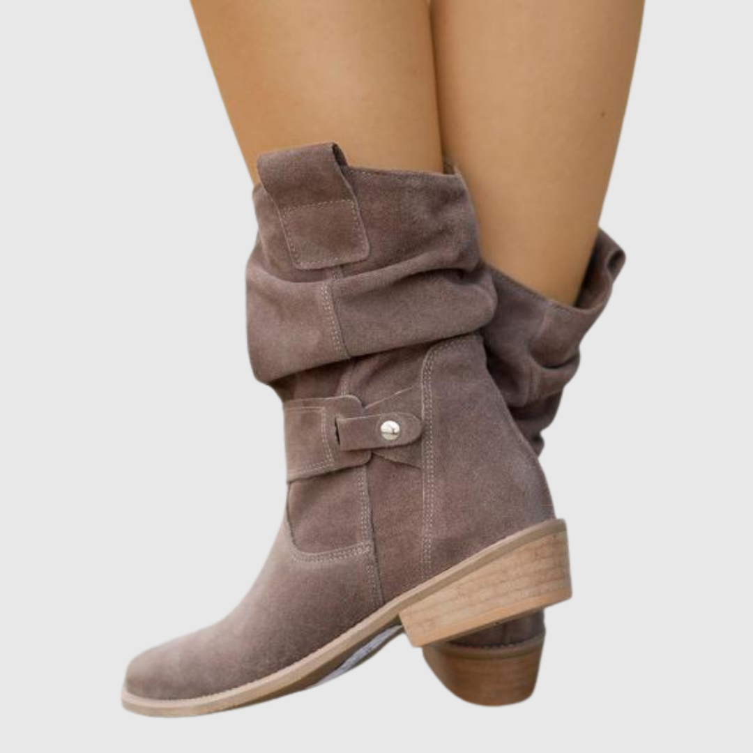 Corissa slouchy suede boots in khaki, worn front view