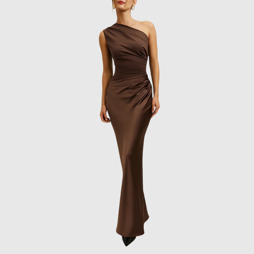 Elara asymmetric evening gown in brown, full-length front view