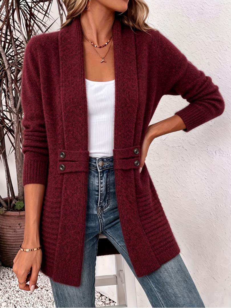 Caddie knitted cardigan in burgundy, full-length front view