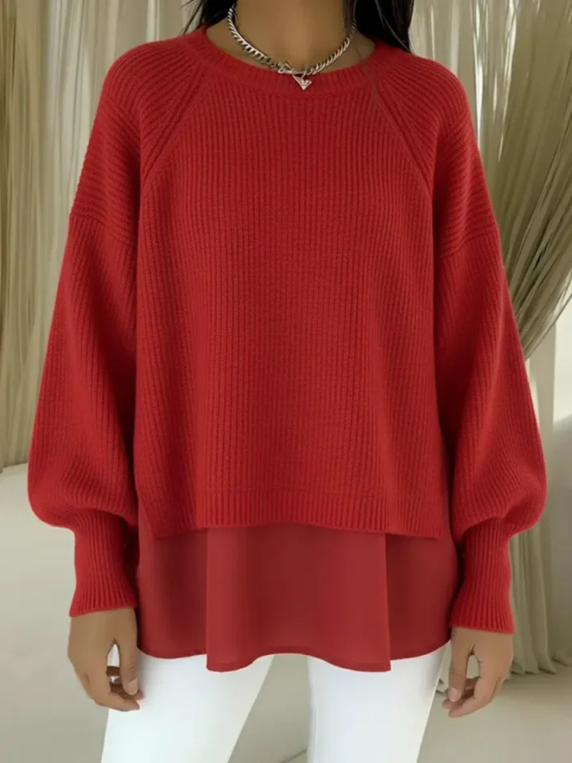 Casilda two-layer effect jumper in red, front view on model