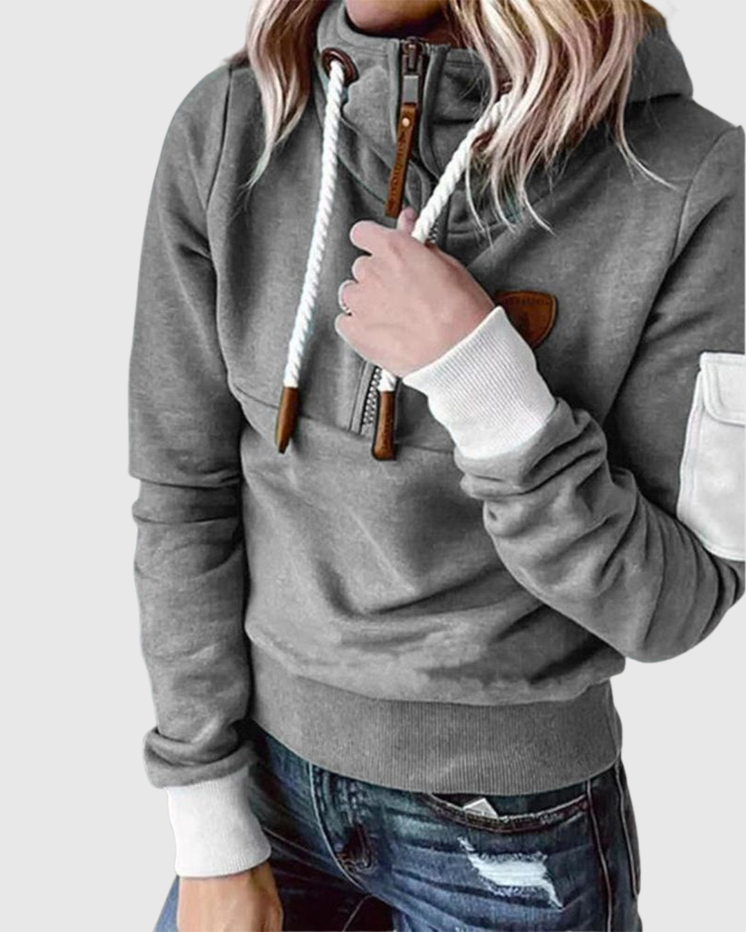 Lois knit pullover in grey, close-up of drawstrings and contrast cuff