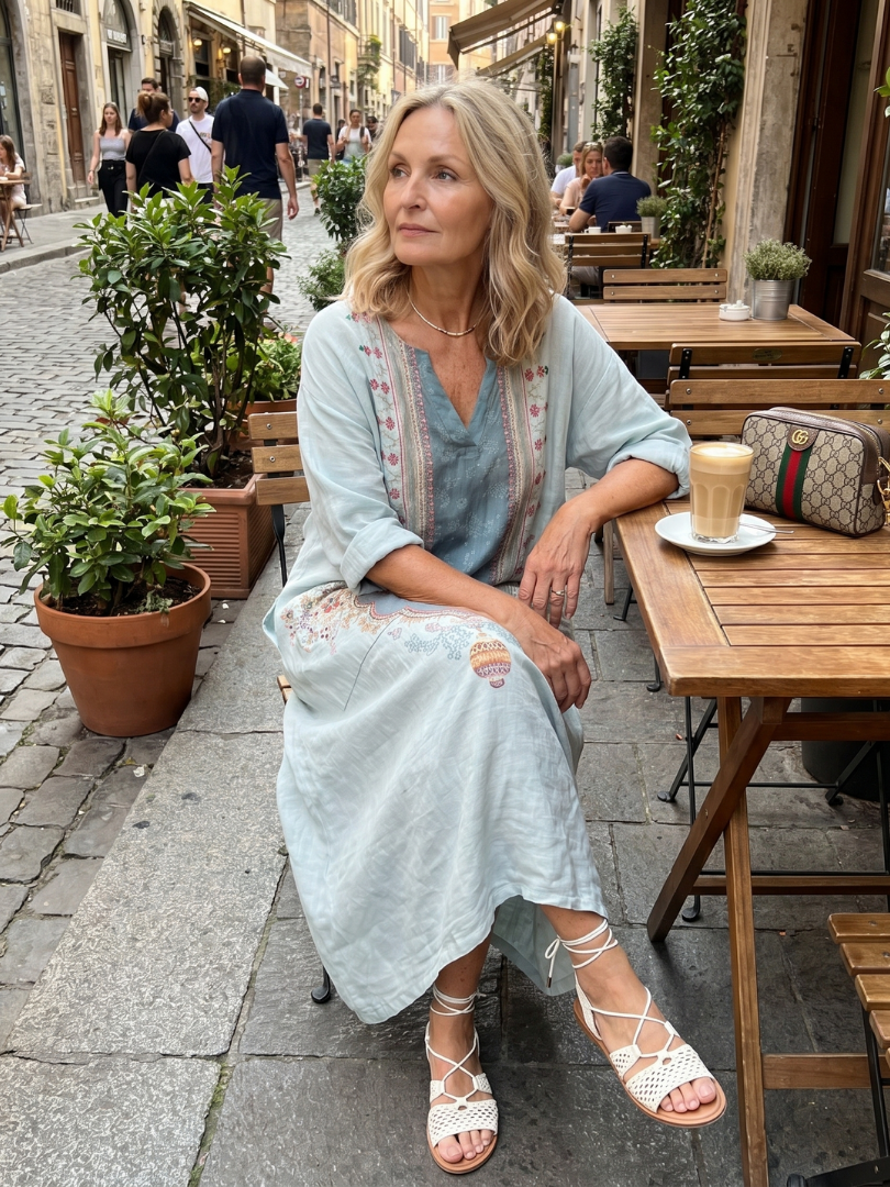 Kassiani midi dress in sky blue worn seated at a street cafe
