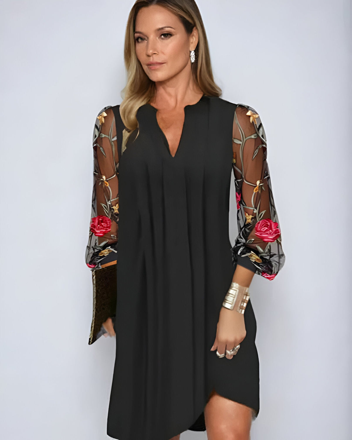 Julia embroidered sleeve dress in black, front view with floral mesh sleeves