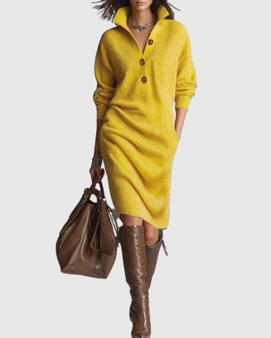 Arianell winter knit midi dress in yellow, full-length front view