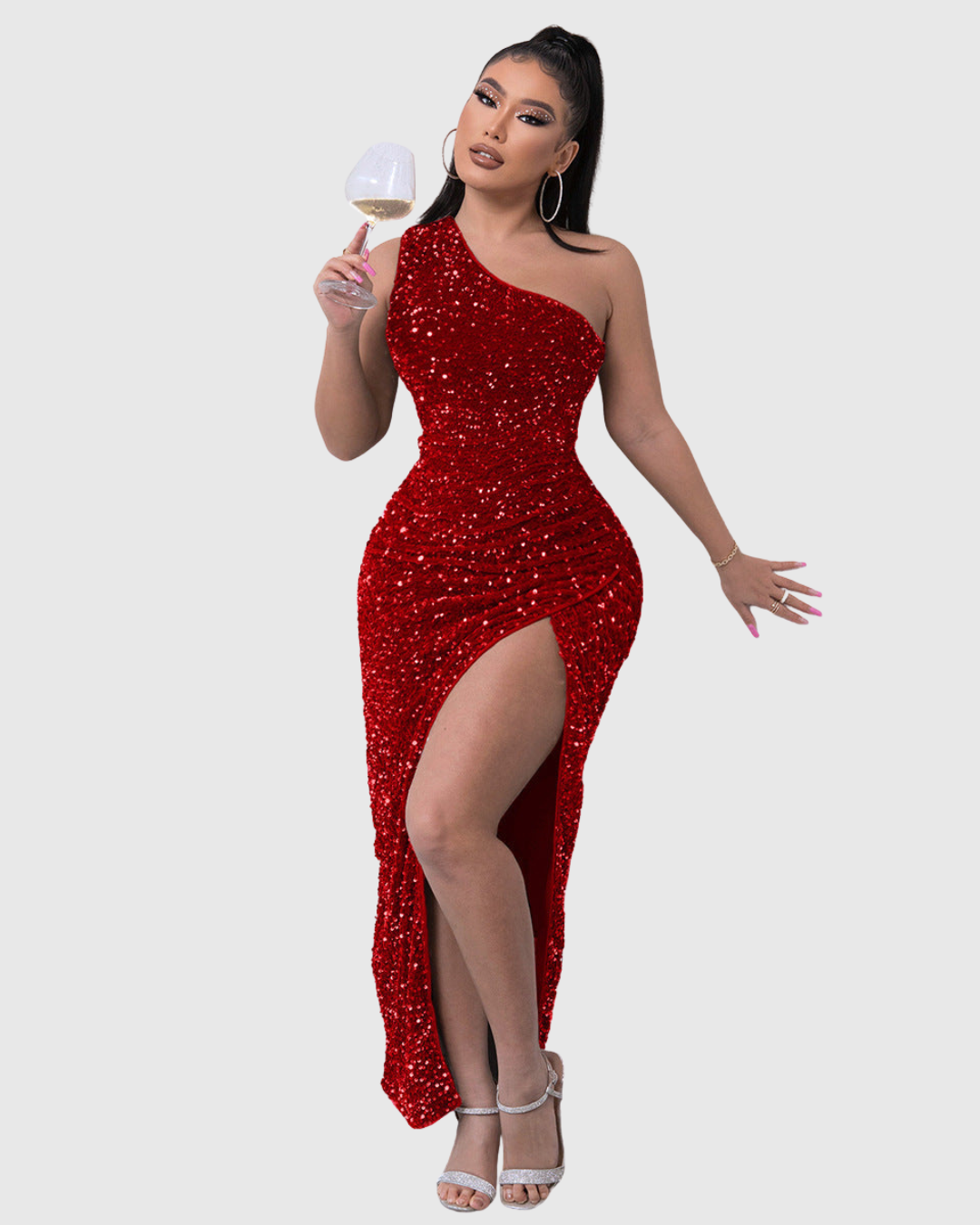 Lillian one-shoulder sequin evening dress in red, full-length front view
