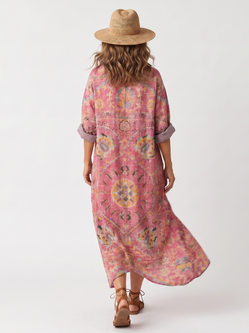 Tilda abstract print midi dress in pink, back view