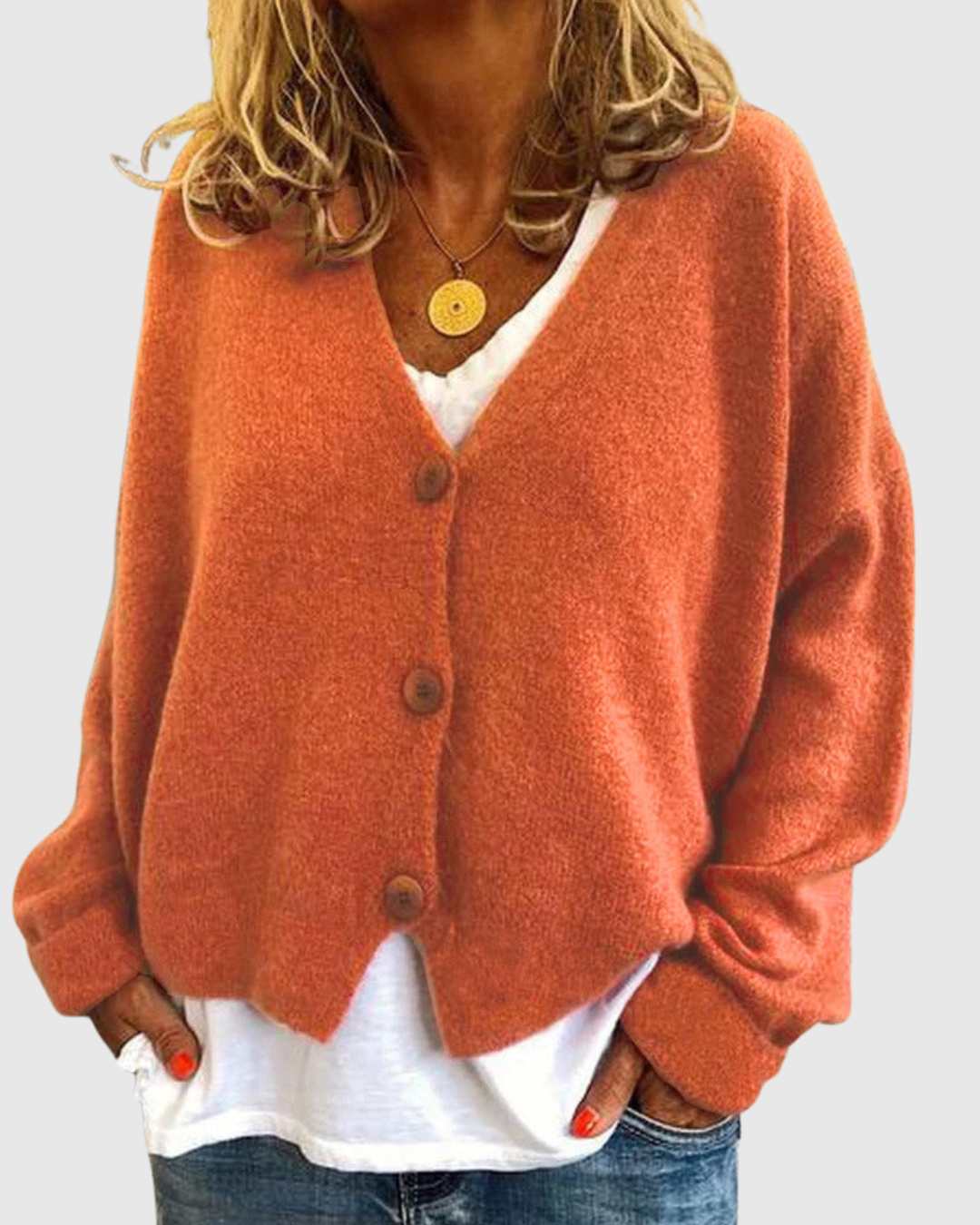 Evelora knit cardigan in orange, front view