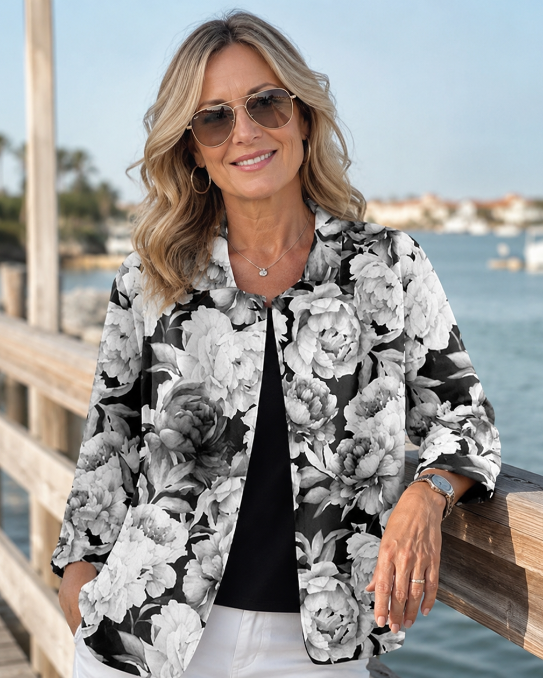 Leontina blouse in black and white floral print, open front worn over black top