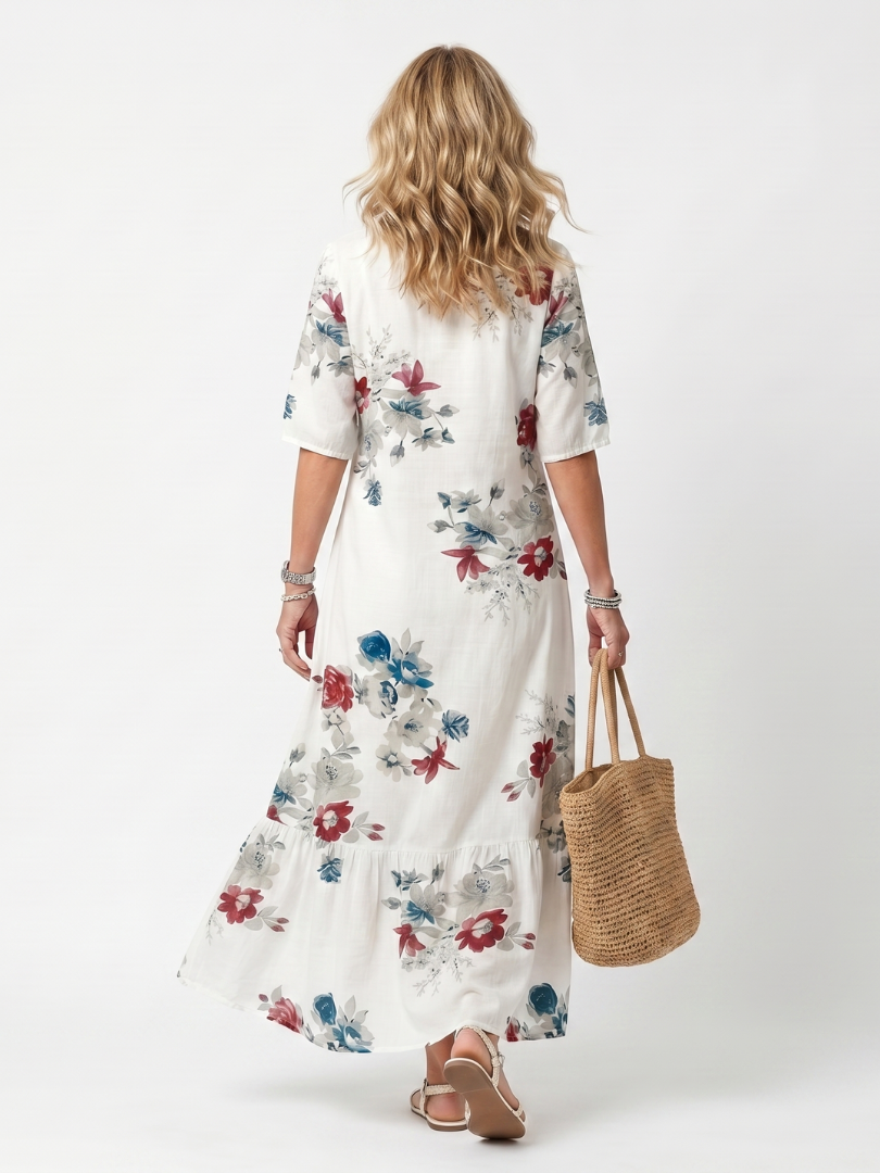 Maeva floral midi dress in white, back view