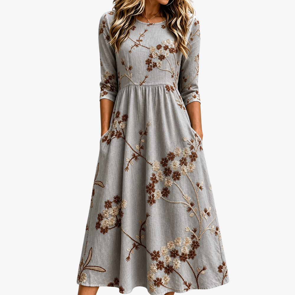 Autumn blossom pocket midi dress in grey with brown floral print, front view