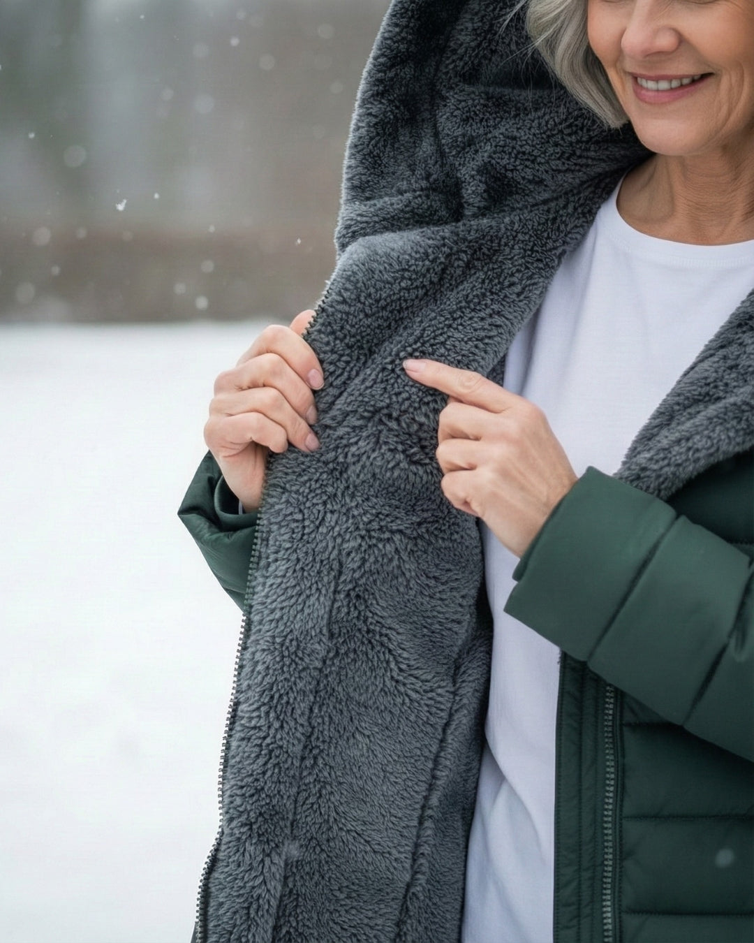 Close-up of the soft grey fleece lining inside the Harriet coat