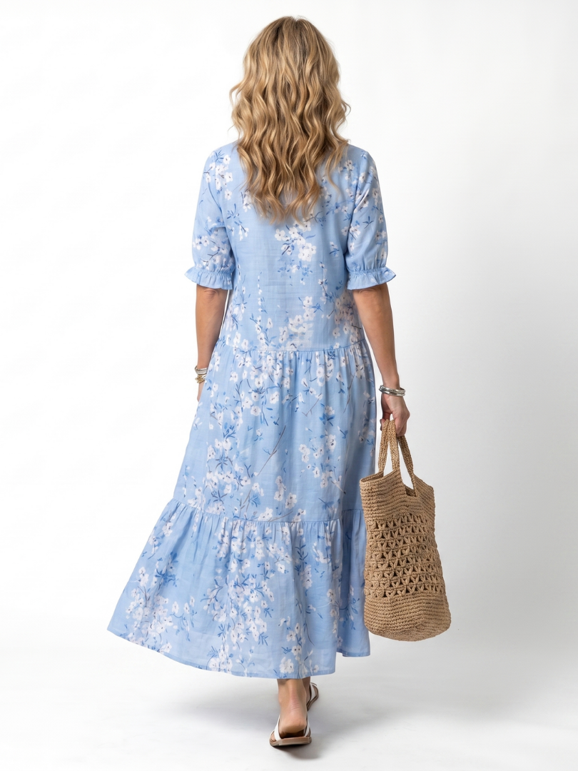 Alora floral print midi dress in blue, full back view