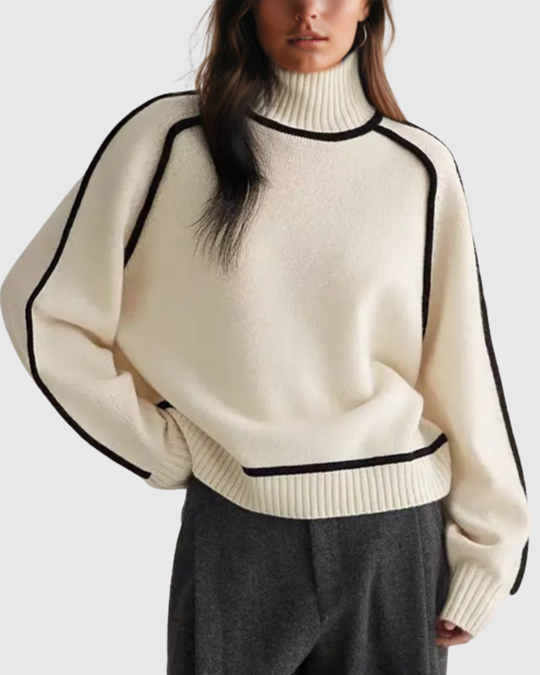 Mariel striped turtleneck knit sweater in white, front view