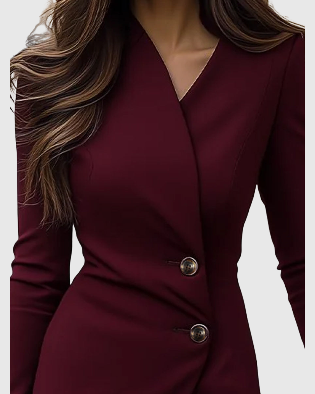 Luned midi dress in burgundy, close-up of V neckline and buttons